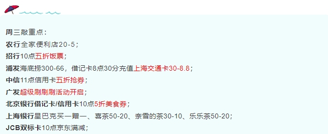 3月2日周三-招行/中信/北京银行5折美食券、广发超级刷刷刷、浦发海底捞300-66等!-惠小助(52huixz.com)