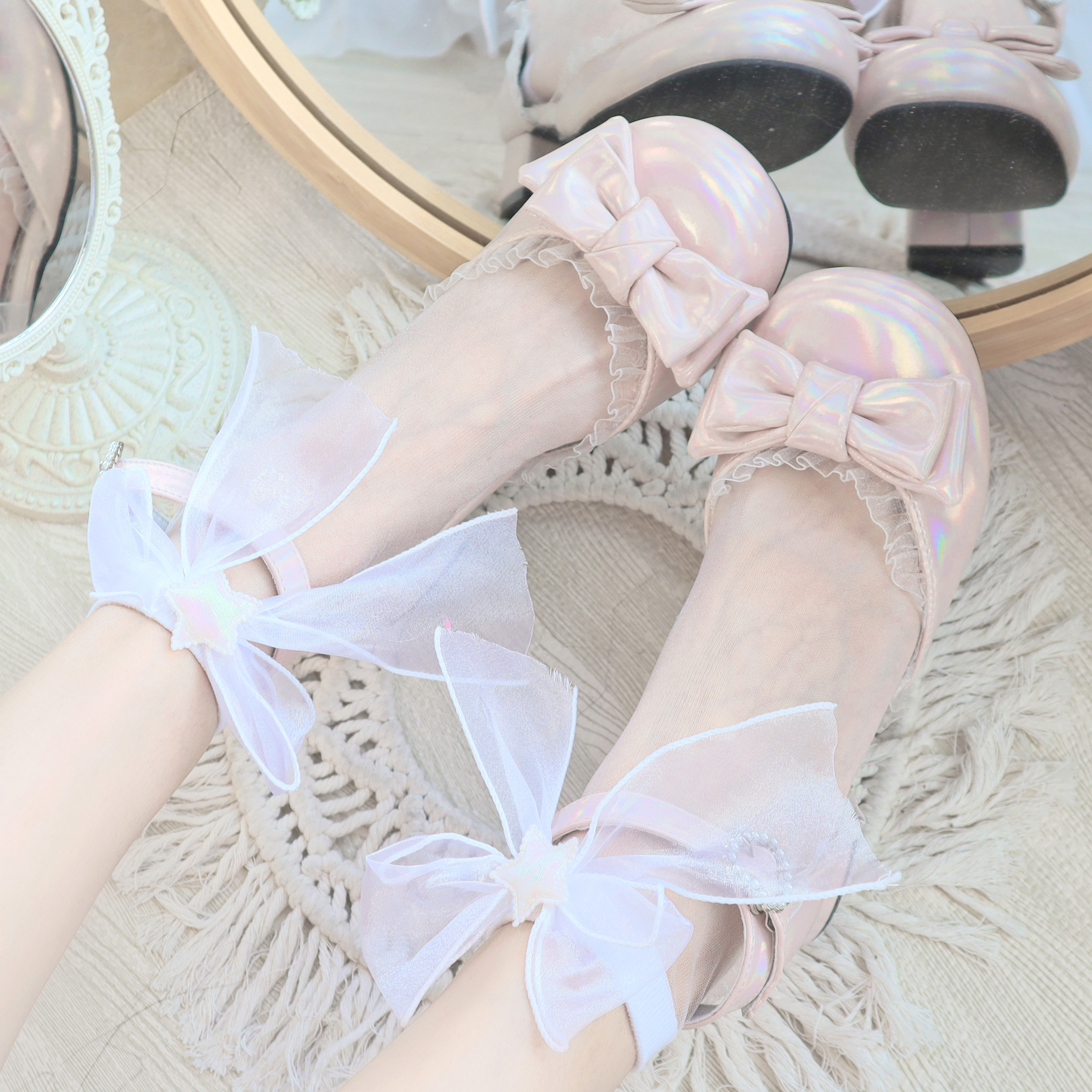 夏季玻璃丝星星蕾丝蝴蝶结中筒袜日系lolita软妹可爱水晶丝袜短袜