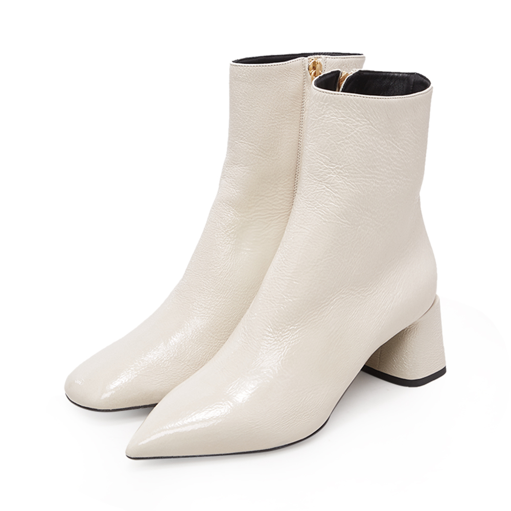 coliac经典米色羊皮革拉链中跟女士方跟踝靴时装靴新年礼物