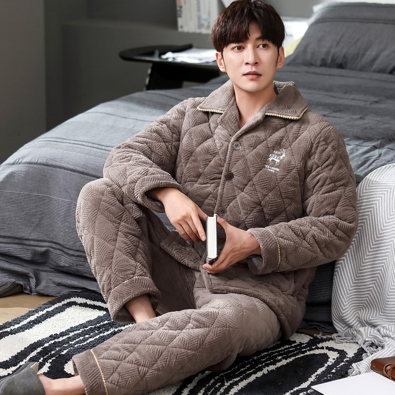 新款冬季珊瑚绒睡衣男士加厚夹棉加绒厚款保暖家居服套装男两件套