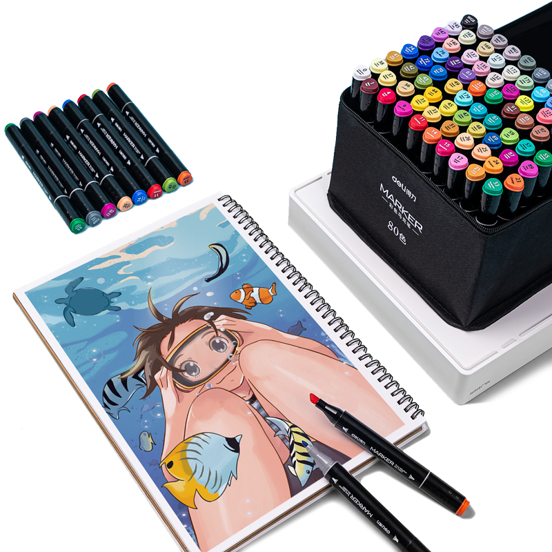 拍2件得力deli马克笔套装80色双头速干学生儿童水彩笔绘画画笔生日