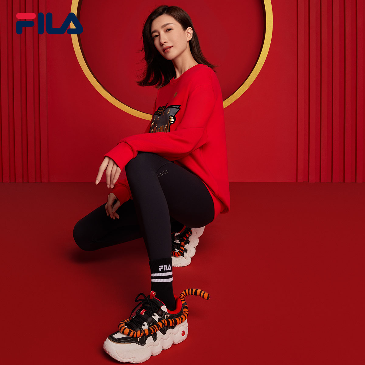 【江疏影同款】fila 斐乐虎年红色情侣套头卫衣2022年春季新款潮 639