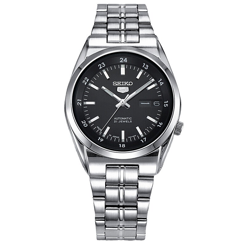 plus会员精工seiko手表日本原装进口sieko5号系列商务休闲黑盘钢带