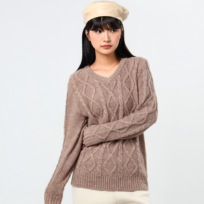 真维斯女装修身v领扭花毛衣 春秋季女士羊驼毛混纺加厚长袖线衫女 58.