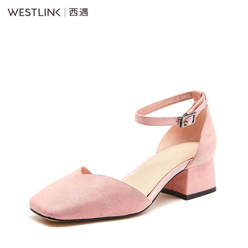 清仓特卖westlink西遇女鞋纯色休闲一字搭扣v形浅口中跟方头单鞋
