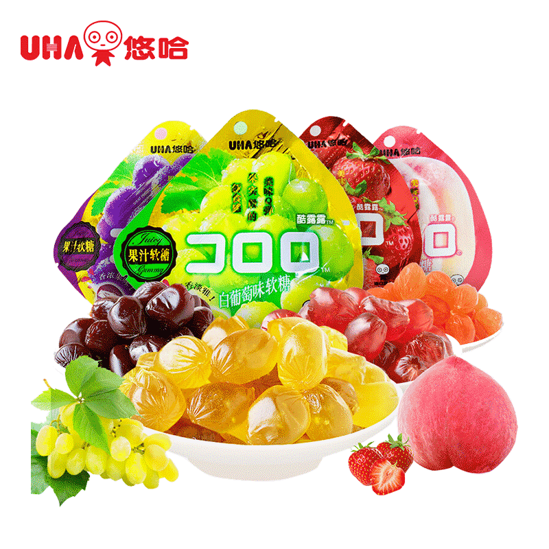 悠哈uha网红零食酷露露果汁软糖葡萄白葡萄草莓桃子芒果口味随机4包52
