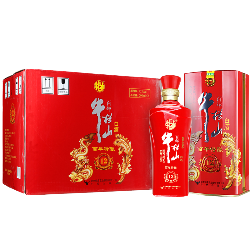 牛栏山白酒浓香型百年特酿12龙凤呈祥百年红铁盒42度500ml6瓶整箱装