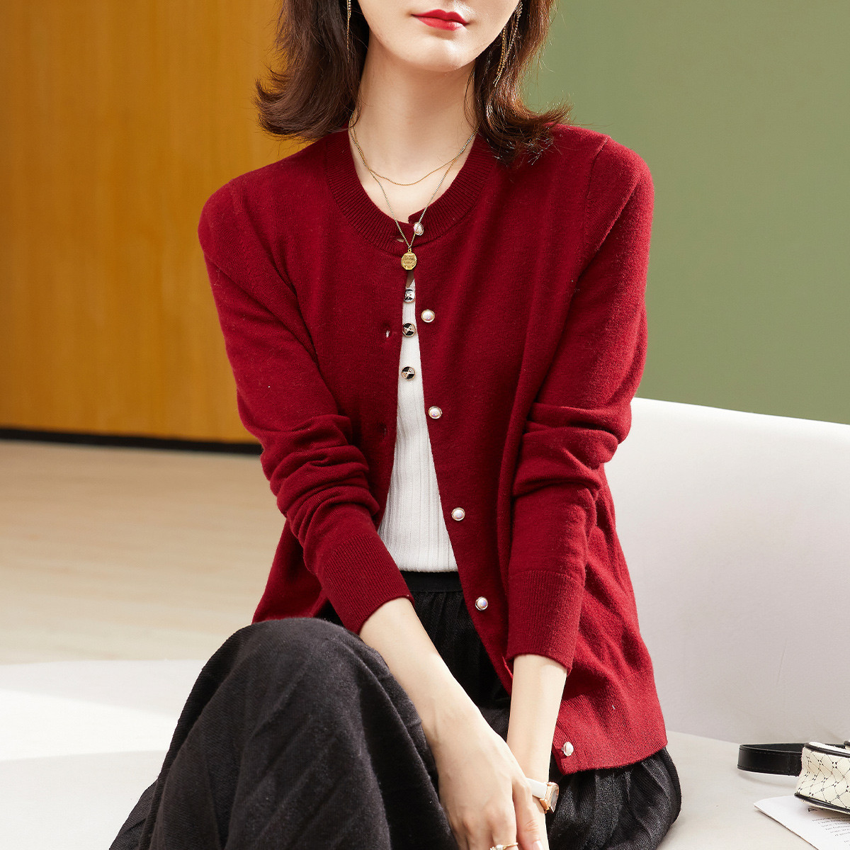 纯羊毛春装新款圆领针织毛衣休闲通勤开衫外套羊毛衫女