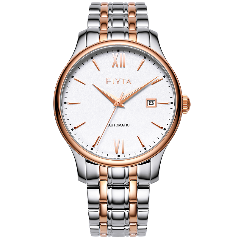 飞亚达fiyta手表经典系列自动机械日历白盘间金钢带百搭时尚男表节日