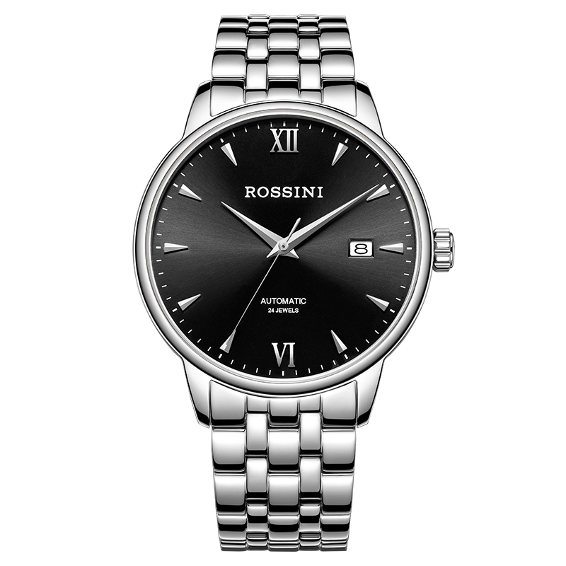 罗西尼(rossini) 手表 启迪系列简约百搭自动机械男表日历黑盘钢带