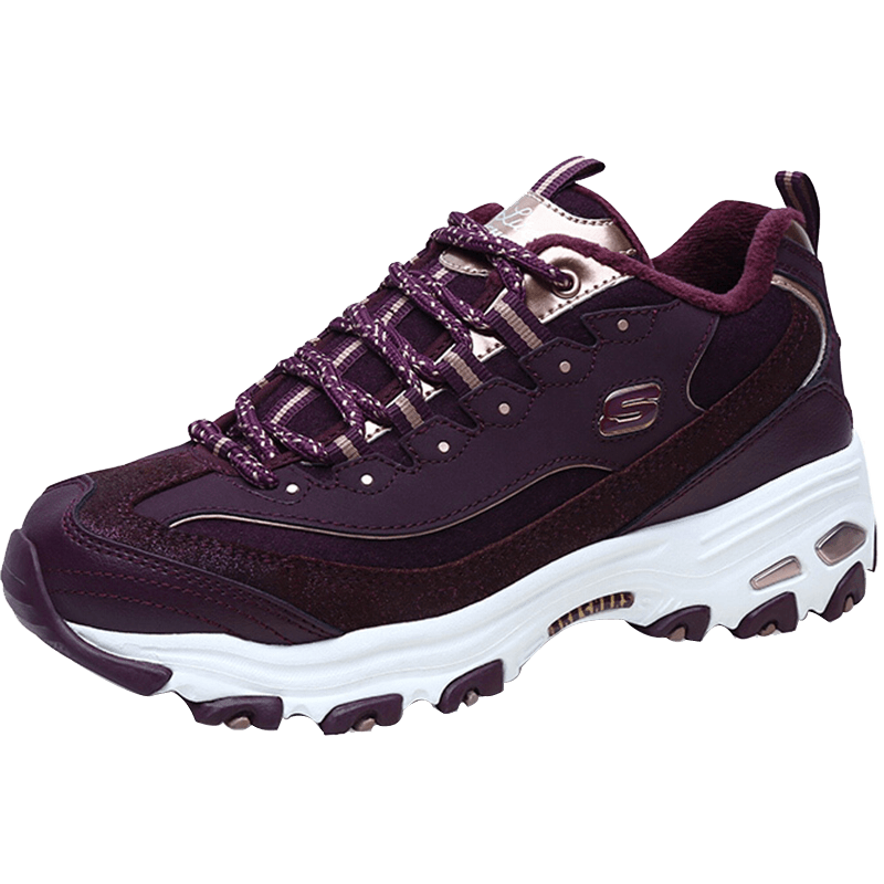 skechers斯凯奇加绒女鞋熊猫鞋保暖复古拼接休闲鞋66666078 酒红色